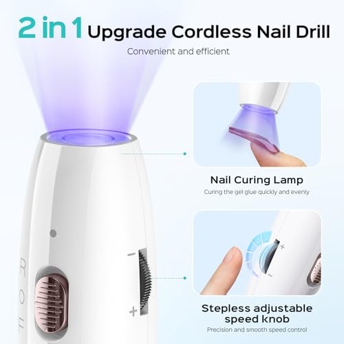 COSLUS Cordless Nail Drill C41 (END04): 2-in-1 Nail File with Flash Cure for Acrylic, Gel, Dip Powder Nails - Stepless Speed Control, Portable Professional Pedicure Kit for Home DIY Avelisse