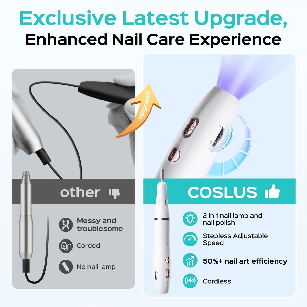 COSLUS Cordless Nail Drill C41 (END04): 2-in-1 Nail File with Flash Cure for Acrylic, Gel, Dip Powder Nails - Stepless Speed Control, Portable Professional Pedicure Kit for Home DIY Avelisse