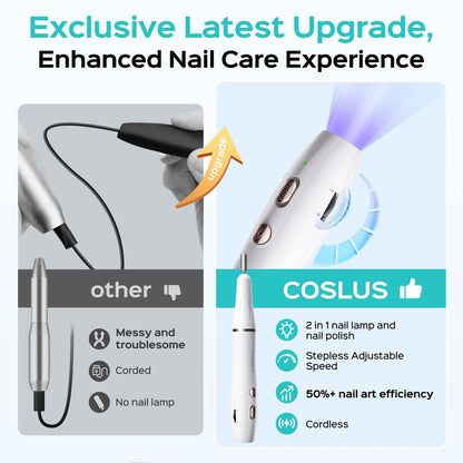 COSLUS Cordless Nail Drill C41 (END04): 2-in-1 Nail File with Flash Cure for Acrylic, Gel, Dip Powder Nails - Stepless Speed Control, Portable Professional Pedicure Kit for Home DIY Avelisse