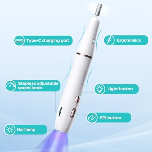 COSLUS Cordless Nail Drill C41 (END04): 2-in-1 Nail File with Flash Cure for Acrylic, Gel, Dip Powder Nails - Stepless Speed Control, Portable Professional Pedicure Kit for Home DIY Avelisse