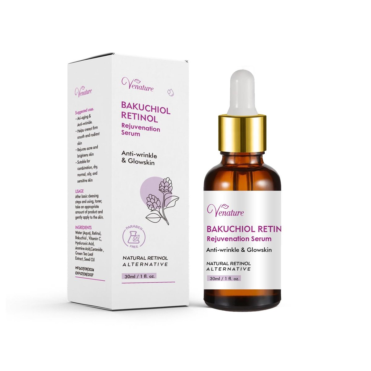 Venature Bakuchiol Retinol Rejuvenation Serum – 2025 Best Retinol Serum for Wrinkles, Bakuchiol Face Korean Skincare, 1 Fl Oz Avelisse