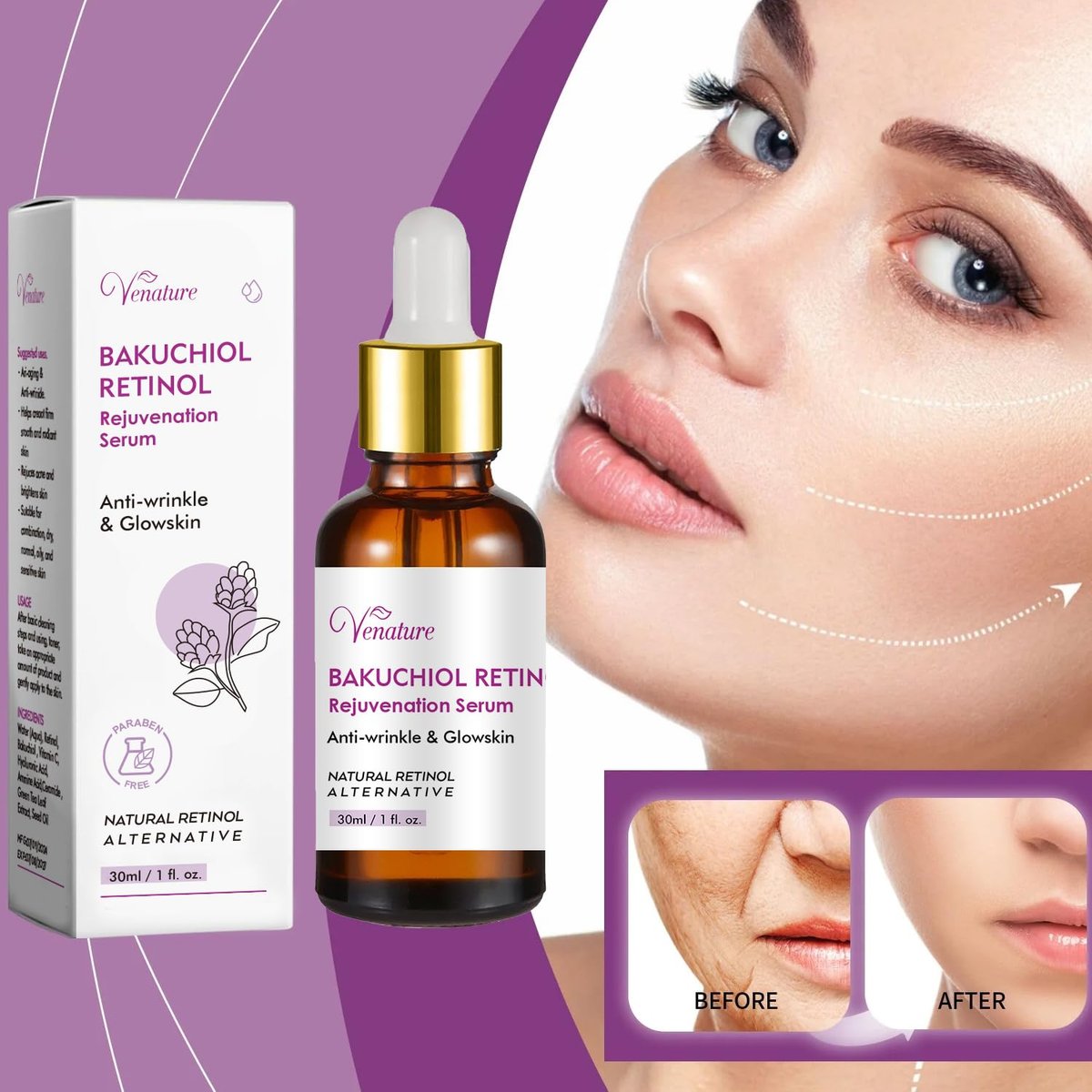 Venature Bakuchiol Retinol Rejuvenation Serum – 2025 Best Retinol Serum for Wrinkles, Bakuchiol Face Korean Skincare, 1 Fl Oz Avelisse