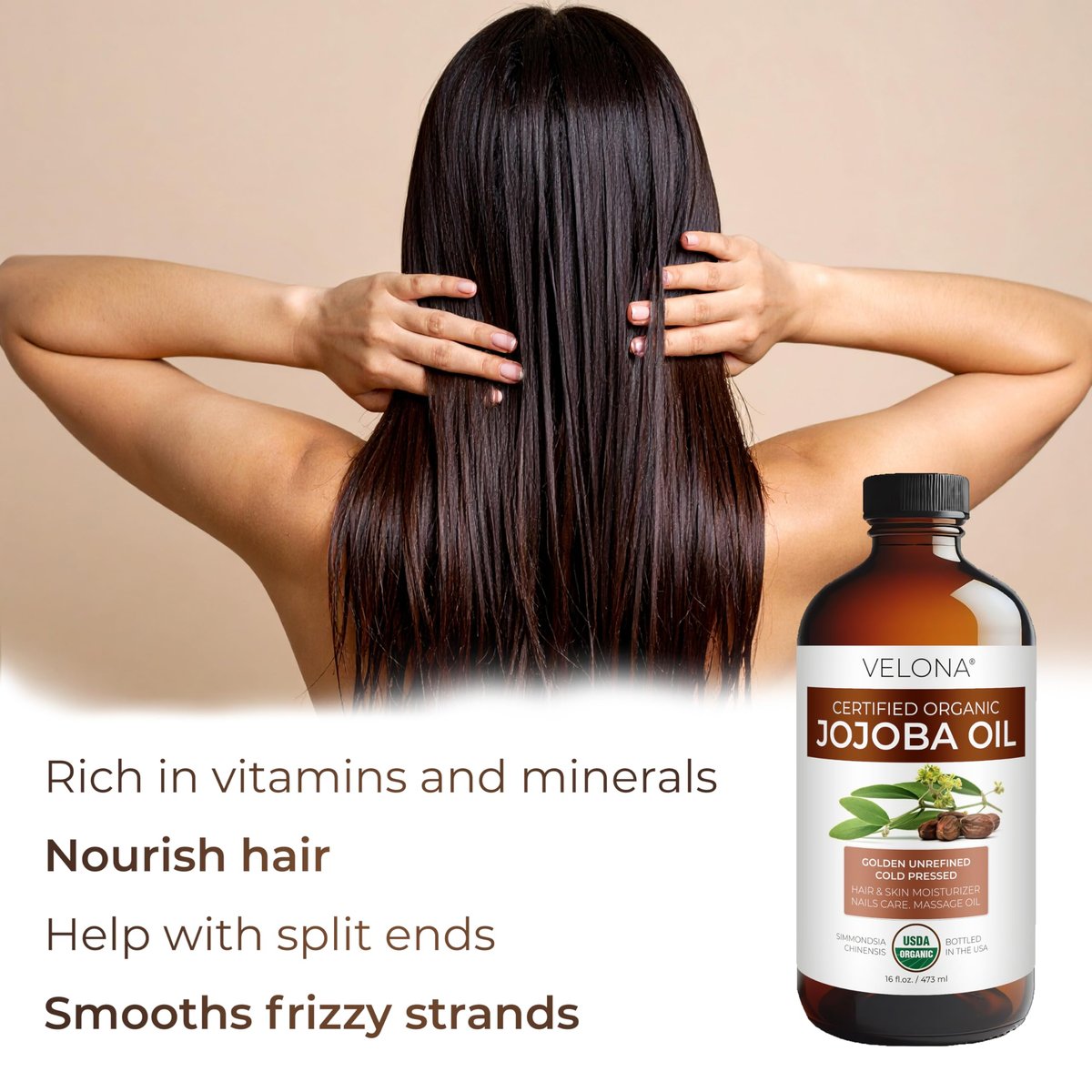 velona Jojoba Oil USDA Certified Organic - 16 Fl Oz | 100% Pure, Unrefined, Cold Pressed, Hexane Free - Golden Moisturizer for Face, Hair, Body & Skin Care Avelisse