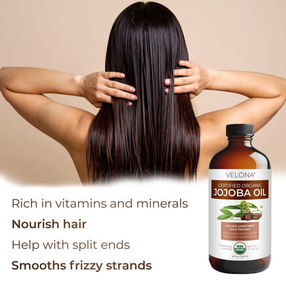 velona Jojoba Oil USDA Certified Organic - 16 Fl Oz | 100% Pure, Unrefined, Cold Pressed, Hexane Free - Golden Moisturizer for Face, Hair, Body & Skin Care Avelisse