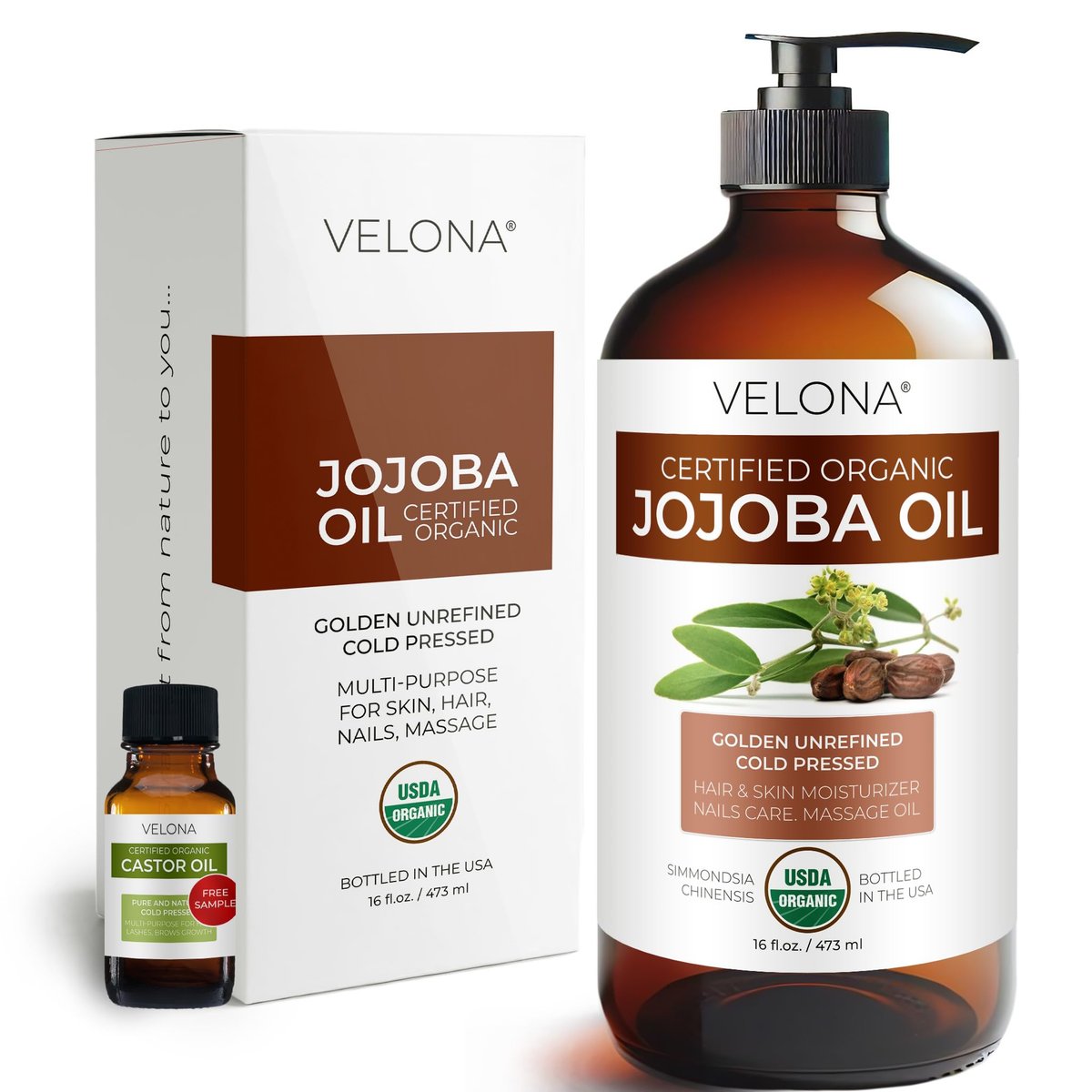 velona Jojoba Oil USDA Certified Organic - 16 Fl Oz | 100% Pure, Unrefined, Cold Pressed, Hexane Free - Golden Moisturizer for Face, Hair, Body & Skin Care Avelisse