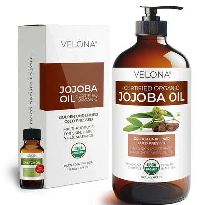 velona Jojoba Oil USDA Certified Organic - 16 Fl Oz | 100% Pure, Unrefined, Cold Pressed, Hexane Free - Golden Moisturizer for Face, Hair, Body & Skin Care Avelisse
