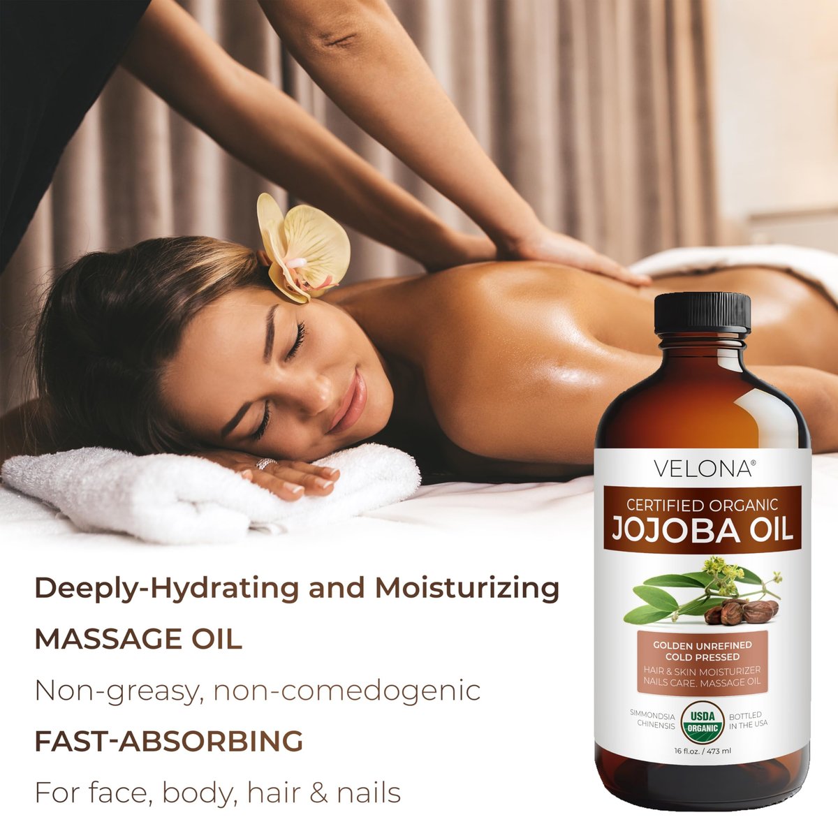 velona Jojoba Oil USDA Certified Organic - 16 Fl Oz | 100% Pure, Unrefined, Cold Pressed, Hexane Free - Golden Moisturizer for Face, Hair, Body & Skin Care Avelisse
