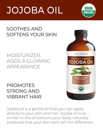 velona Jojoba Oil USDA Certified Organic - 16 Fl Oz | 100% Pure, Unrefined, Cold Pressed, Hexane Free - Golden Moisturizer for Face, Hair, Body & Skin Care Avelisse