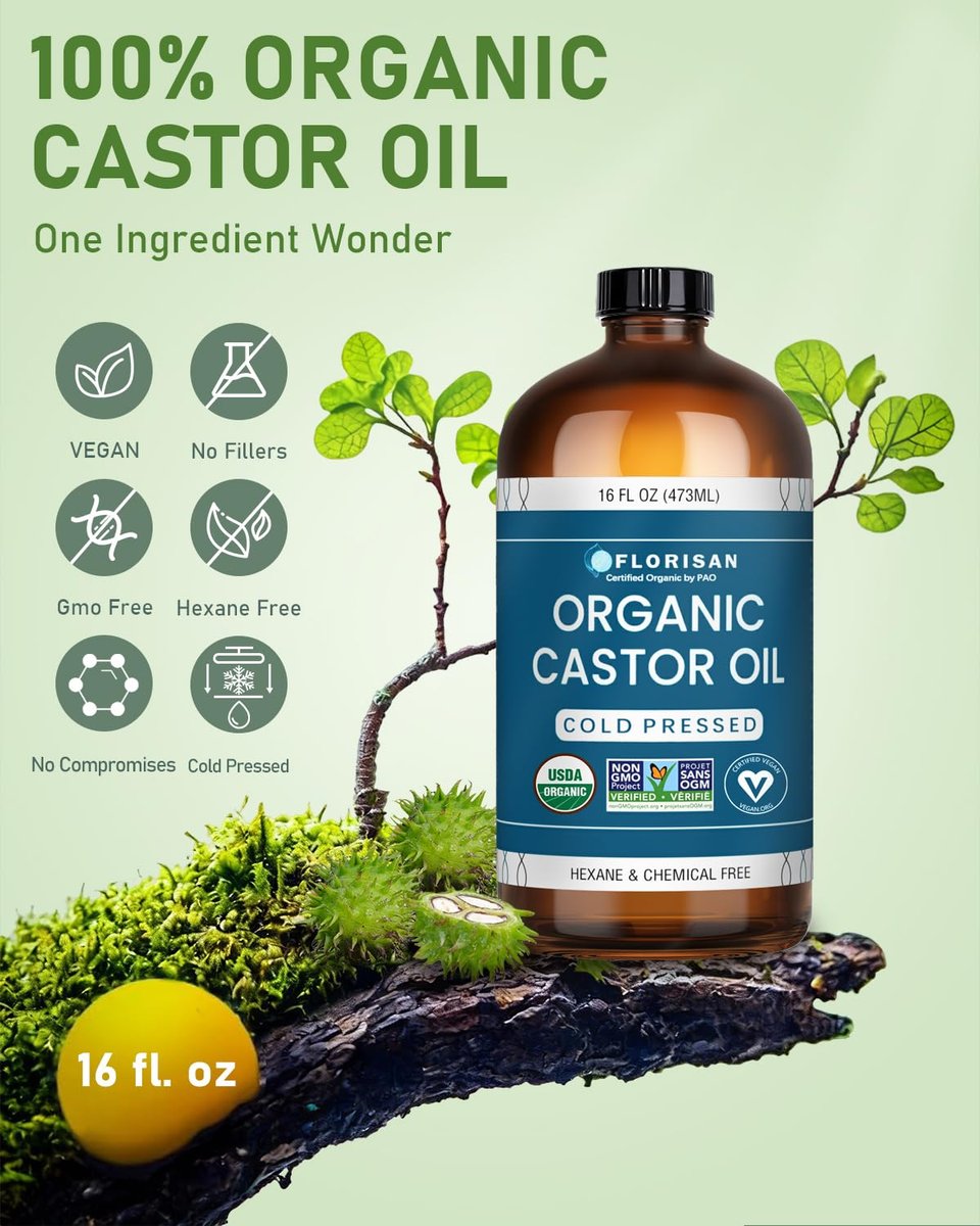 Florisan Organic Castor Oil 16oz - Cold Pressed, Hexane-Free, 100% Pure for Hair Growth, Skin, Lashes & Eyebrows, EWG Verified & USDA Organic Avelisse
