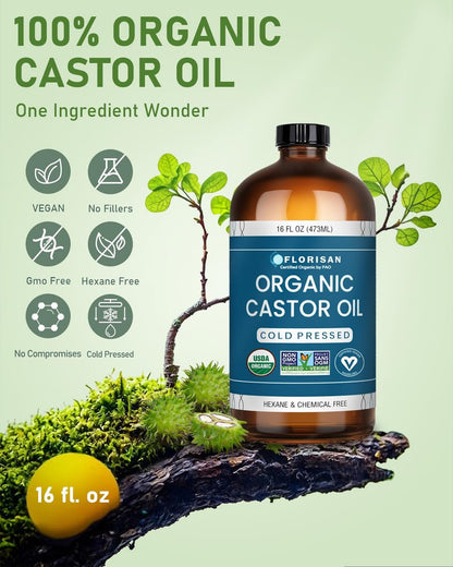 Florisan Organic Castor Oil 16oz - Cold Pressed, Hexane-Free, 100% Pure for Hair Growth, Skin, Lashes & Eyebrows, EWG Verified & USDA Organic Avelisse