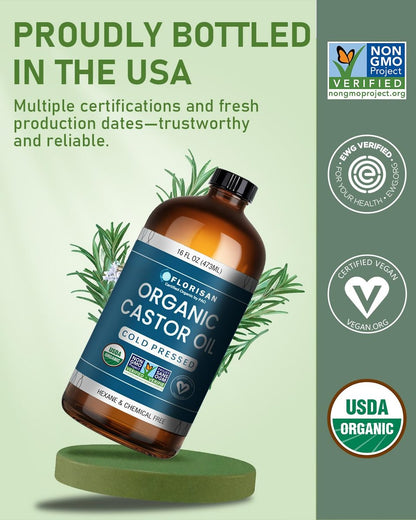Florisan Organic Castor Oil 16oz - Cold Pressed, Hexane-Free, 100% Pure for Hair Growth, Skin, Lashes & Eyebrows, EWG Verified & USDA Organic Avelisse