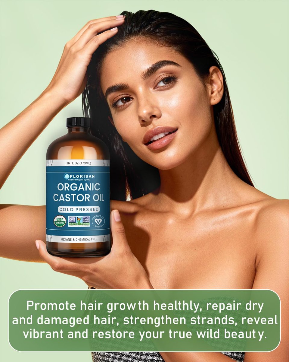 Florisan Organic Castor Oil 16oz - Cold Pressed, Hexane-Free, 100% Pure for Hair Growth, Skin, Lashes & Eyebrows, EWG Verified & USDA Organic Avelisse