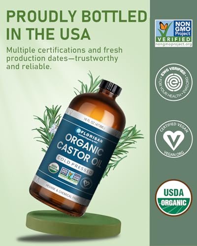 Florisan Organic Castor Oil 16oz - Cold Pressed, Hexane-Free, 100% Pure for Hair Growth, Skin, Lashes & Eyebrows, EWG Verified & USDA Organic Avelisse