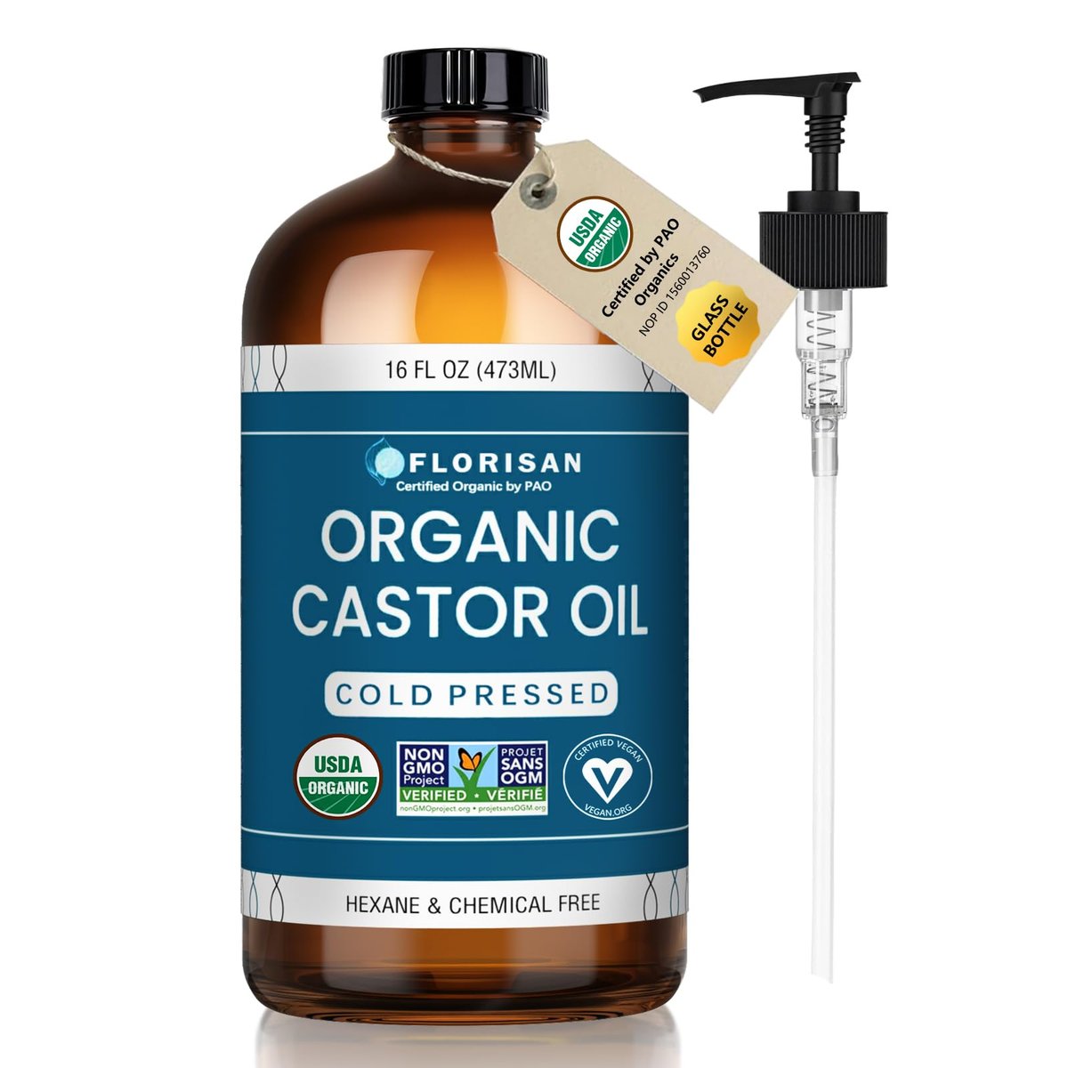 Florisan Organic Castor Oil 16oz - Cold Pressed, Hexane-Free, 100% Pure for Hair Growth, Skin, Lashes & Eyebrows, EWG Verified & USDA Organic Avelisse