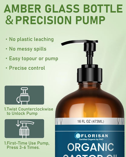 Florisan Organic Castor Oil 16oz - Cold Pressed, Hexane-Free, 100% Pure for Hair Growth, Skin, Lashes & Eyebrows, EWG Verified & USDA Organic Avelisse