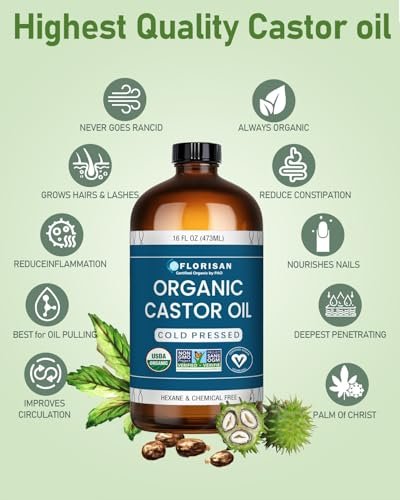Florisan Organic Castor Oil 16oz - Cold Pressed, Hexane-Free, 100% Pure for Hair Growth, Skin, Lashes & Eyebrows, EWG Verified & USDA Organic Avelisse