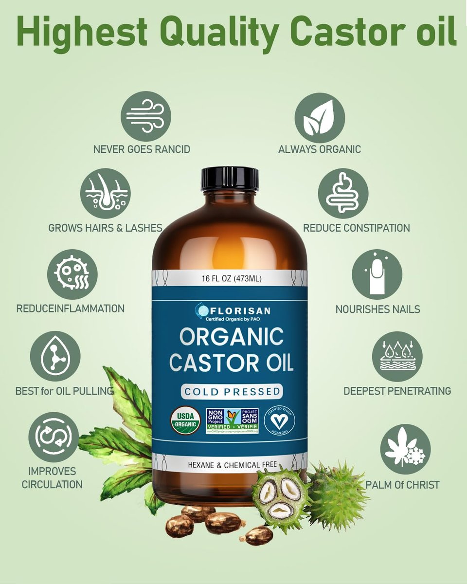 Florisan Organic Castor Oil 16oz - Cold Pressed, Hexane-Free, 100% Pure for Hair Growth, Skin, Lashes & Eyebrows, EWG Verified & USDA Organic Avelisse
