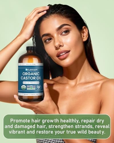 Florisan Organic Castor Oil 16oz - Cold Pressed, Hexane-Free, 100% Pure for Hair Growth, Skin, Lashes & Eyebrows, EWG Verified & USDA Organic Avelisse