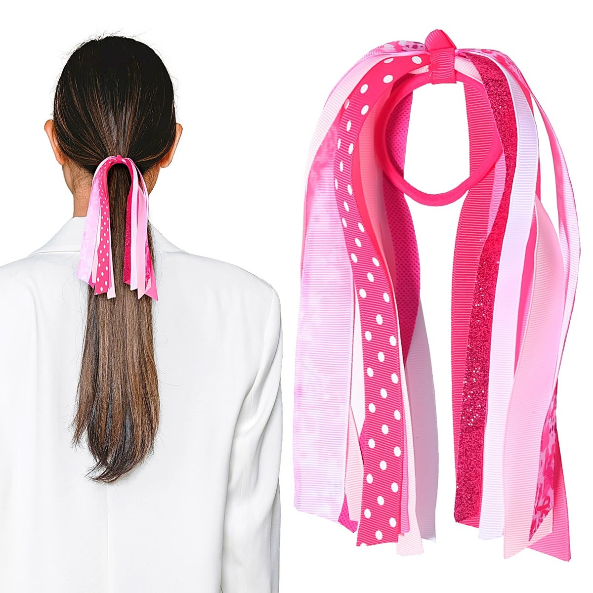 Breast Cancer Awareness Glitter Pink Ribbon Hair Ties – Ponytail Holders for Women & Girls (Style B) - görsel 1