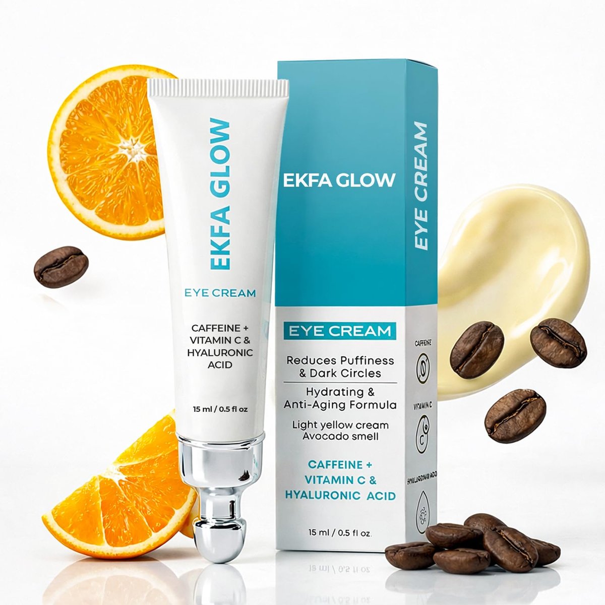 Ekfa Glow Caffeine Eye Cream for Dark Circles & Puffiness - Vitamin C & Hyaluronic Acid Under Eye Cream, Anti-Aging for Wrinkles, Hydrating & Brightening, 15ml - görsel 1