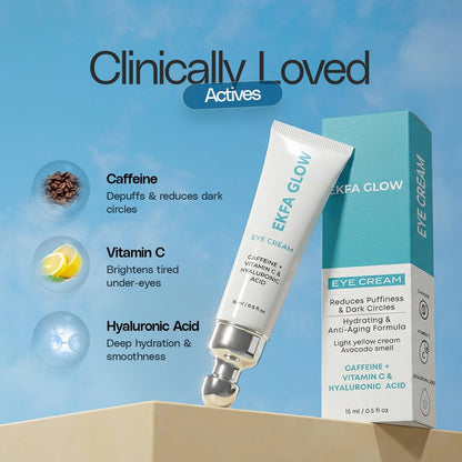 Ekfa Glow Caffeine Eye Cream for Dark Circles & Puffiness - Vitamin C & Hyaluronic Acid Under Eye Cream, Anti-Aging for Wrinkles, Hydrating & Brightening, 15ml