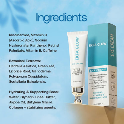 Ekfa Glow Caffeine Eye Cream for Dark Circles & Puffiness - Vitamin C & Hyaluronic Acid Under Eye Cream, Anti-Aging for Wrinkles, Hydrating & Brightening, 15ml