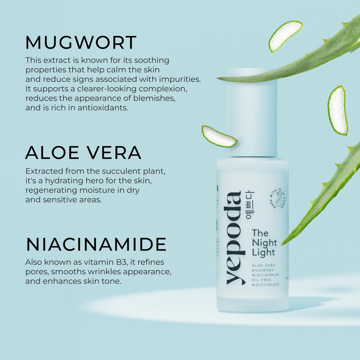Yepoda The Night Light - Oil-Free Soothing & Clarifying Night Moisturizer with Aloe Vera, Mugwort & Niacinamide, Hydrating Vegan Korean Facial Moisturizer for All Skin Types, 1.69 FL. OZ. (50 ml) - görsel 7