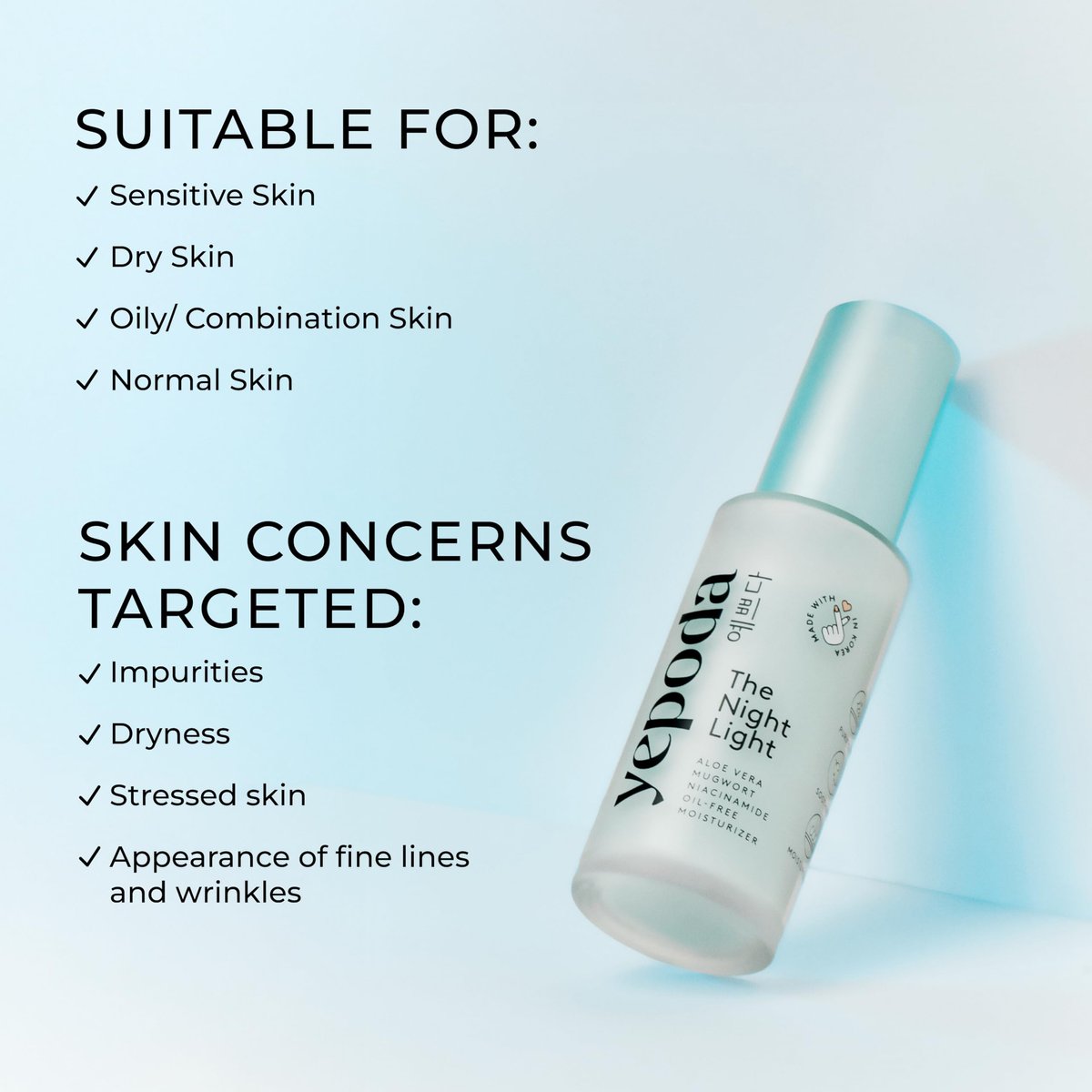 Yepoda The Night Light - Oil-Free Soothing & Clarifying Night Moisturizer with Aloe Vera, Mugwort & Niacinamide, Hydrating Vegan Korean Facial Moisturizer for All Skin Types, 1.69 FL. OZ. (50 ml) - görsel 5