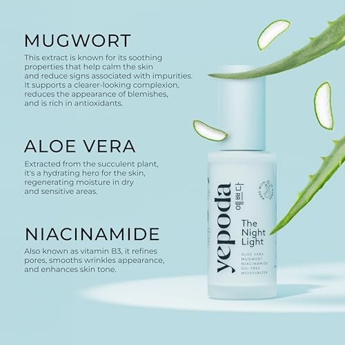 Yepoda The Night Light - Oil-Free Soothing & Clarifying Night Moisturizer with Aloe Vera, Mugwort & Niacinamide, Hydrating Vegan Korean Facial Moisturizer for All Skin Types, 1.69 FL. OZ. (50 ml) - görsel 8