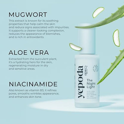 Yepoda The Night Light - Oil-Free Soothing & Clarifying Night Moisturizer with Aloe Vera, Mugwort & Niacinamide, Hydrating Vegan Korean Facial Moisturizer for All Skin Types, 1.69 FL. OZ. (50 ml)