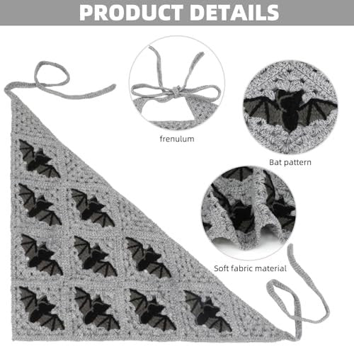 Gothic Crochet Headbands for Women - Bat Pattern Cotton Knit Triangle Head Scarf, Greyscale Halloween Style Hair Accessory - görsel 7