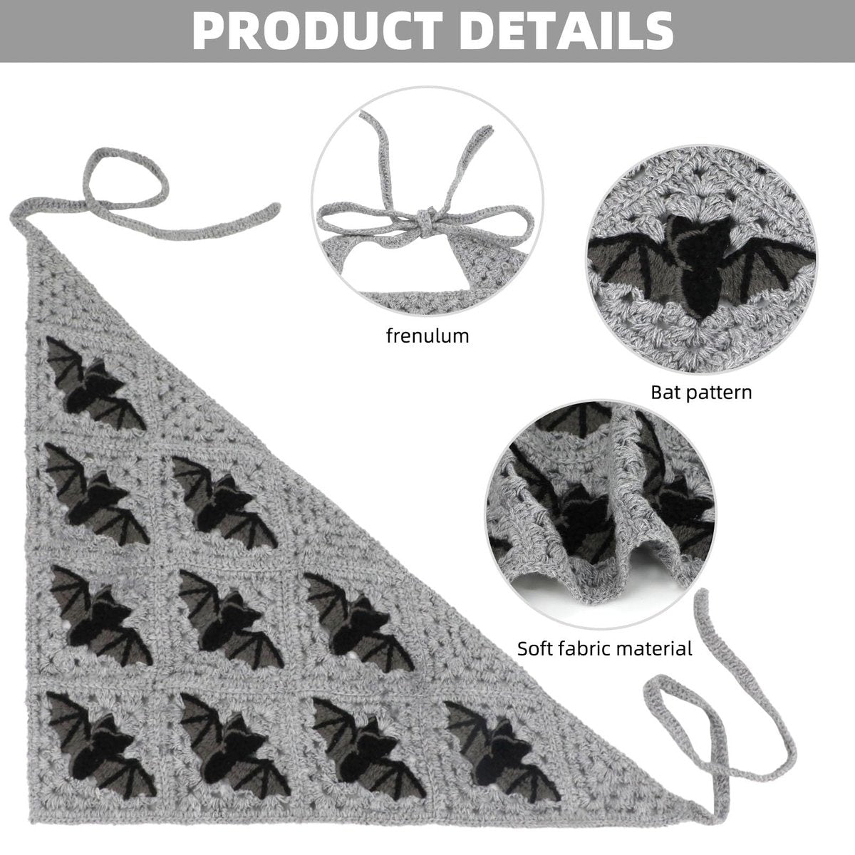 Gothic Crochet Headbands for Women - Bat Pattern Cotton Knit Triangle Head Scarf, Greyscale Halloween Style Hair Accessory - görsel 8
