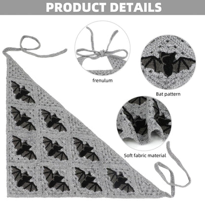 Gothic Crochet Headbands for Women - Bat Pattern Cotton Knit Triangle Head Scarf, Greyscale Halloween Style Hair Accessory