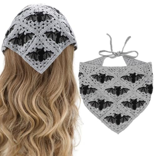 Gothic Crochet Headbands for Women - Bat Pattern Cotton Knit Triangle Head Scarf, Greyscale Halloween Style Hair Accessory