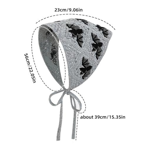 Gothic Crochet Headbands for Women - Bat Pattern Cotton Knit Triangle Head Scarf, Greyscale Halloween Style Hair Accessory - görsel 5