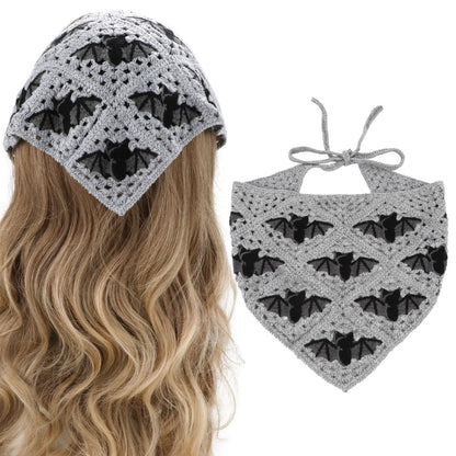 Gothic Crochet Headbands for Women - Bat Pattern Cotton Knit Triangle Head Scarf, Greyscale Halloween Style Hair Accessory