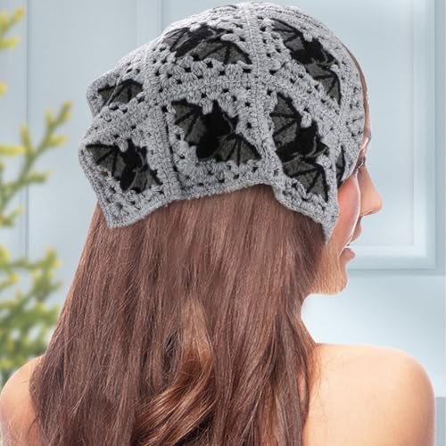 Gothic Crochet Headbands for Women - Bat Pattern Cotton Knit Triangle Head Scarf, Greyscale Halloween Style Hair Accessory - görsel 11