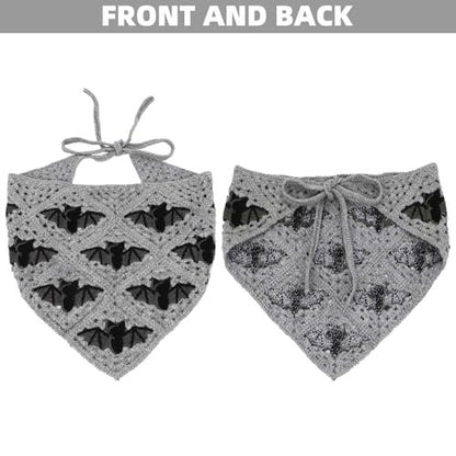 Gothic Crochet Headbands for Women - Bat Pattern Cotton Knit Triangle Head Scarf, Greyscale Halloween Style Hair Accessory