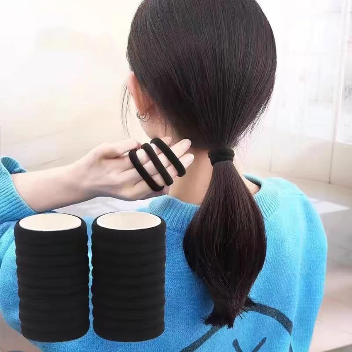 200PCS Seamless Black Hair Ties – No Damage Elastic Bands for Ponytails, Braids & Medium Hair - görsel 9