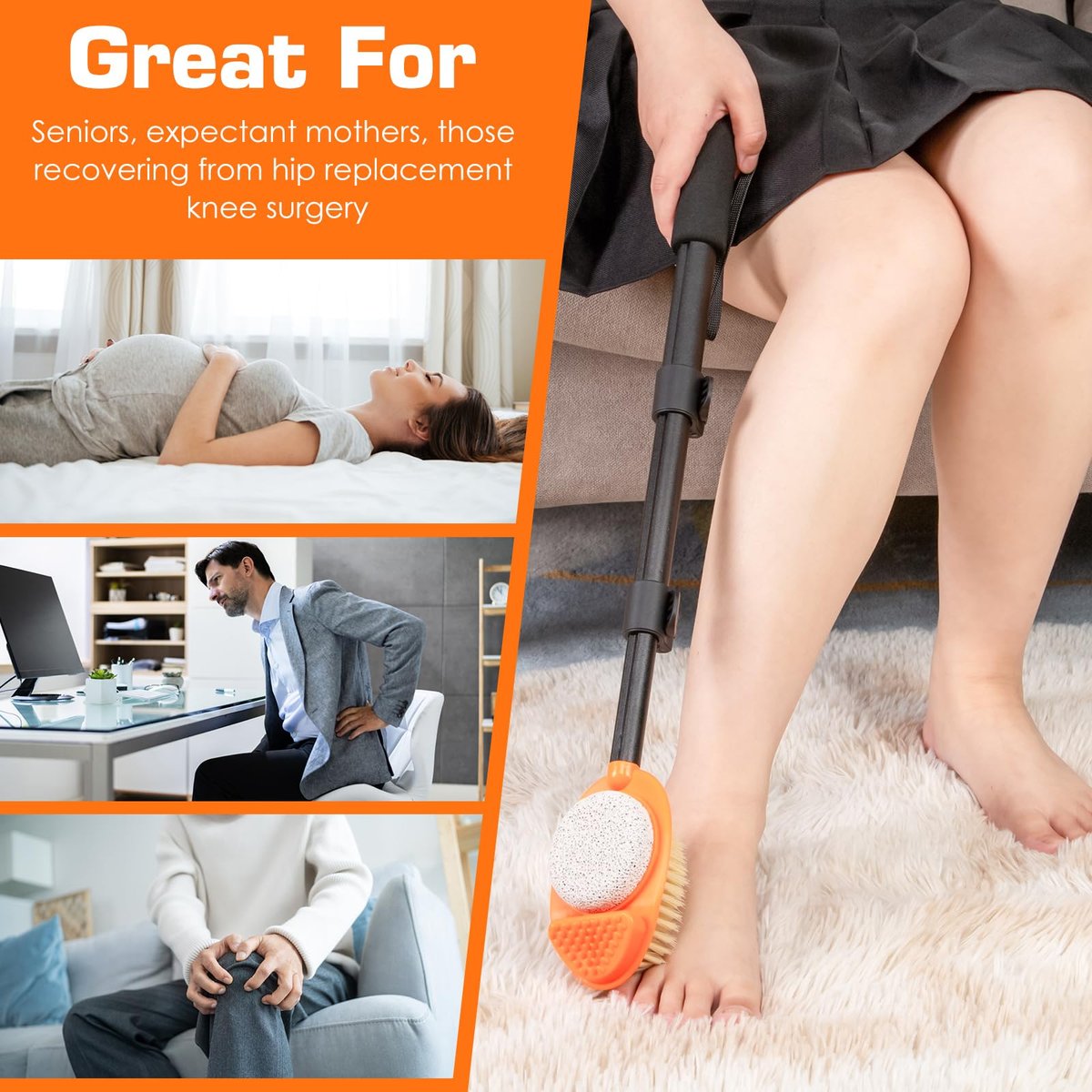 LYIGEOL 3-in-1 Adjustable Foot Scrubber with Pumice Stone – 15” to 28” Aluminum Tube Foot Cleaning Brush for Seniors, Elderly, Disabled Men and Women Avelisse