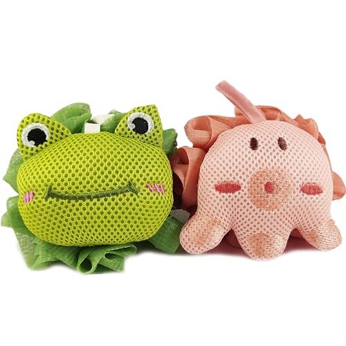 Frog & Octopus Shower Loofah Sponges for Kids – 2 Pack Cute Toddler Bath Exfoliating Body Scrubber Mesh Loofahs for Babies, Boys, Girls - görsel 2