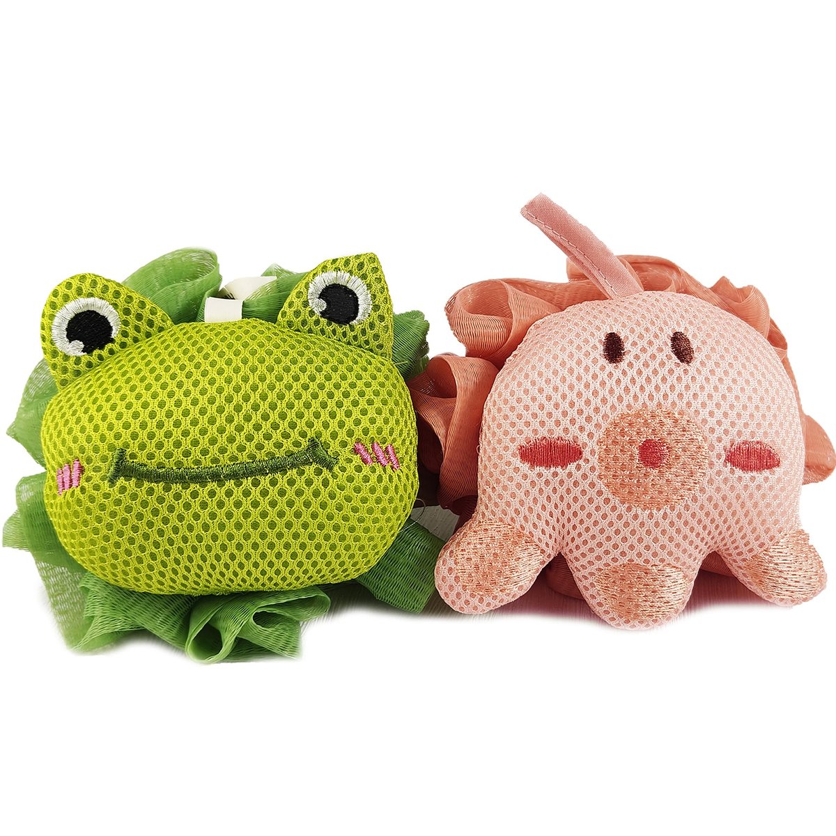 Frog & Octopus Shower Loofah Sponges for Kids – 2 Pack Cute Toddler Bath Exfoliating Body Scrubber Mesh Loofahs for Babies, Boys, Girls - görsel 1