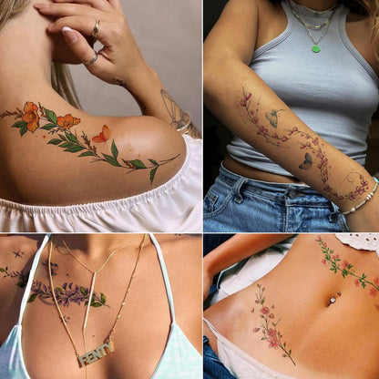 Tazimi Watercolor Temporary Tattoos for Women & Girls – 24 Sheets of Colorful Flower, Lavender, Rose, Vine, Forget-me-not, Plum Blossoms, Wildflowers – Realistic Waterproof Tattoo Stickers Body Art