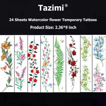 Tazimi Watercolor Temporary Tattoos for Women & Girls – 24 Sheets of Colorful Flower, Lavender, Rose, Vine, Forget-me-not, Plum Blossoms, Wildflowers – Realistic Waterproof Tattoo Stickers Body Art