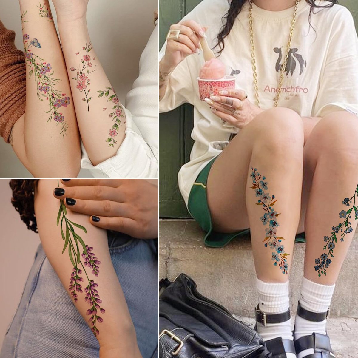 Tazimi Watercolor Temporary Tattoos for Women & Girls – 24 Sheets of Colorful Flower, Lavender, Rose, Vine, Forget-me-not, Plum Blossoms, Wildflowers – Realistic Waterproof Tattoo Stickers Body Art - görsel 11