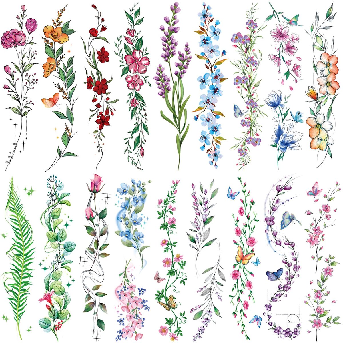 Tazimi Watercolor Temporary Tattoos for Women & Girls – 24 Sheets of Colorful Flower, Lavender, Rose, Vine, Forget-me-not, Plum Blossoms, Wildflowers – Realistic Waterproof Tattoo Stickers Body Art - görsel 1