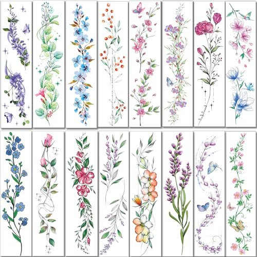 Tazimi Watercolor Temporary Tattoos for Women & Girls – 24 Sheets of Colorful Flower, Lavender, Rose, Vine, Forget-me-not, Plum Blossoms, Wildflowers – Realistic Waterproof Tattoo Stickers Body Art - görsel 8