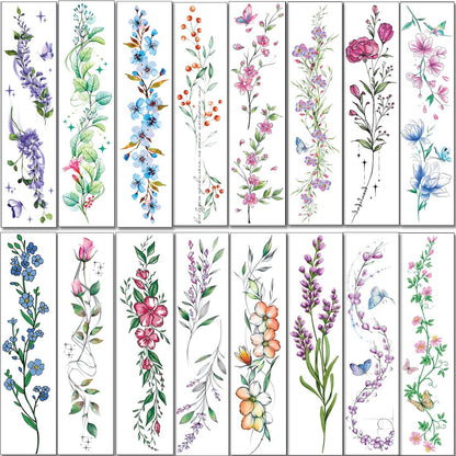Tazimi Watercolor Temporary Tattoos for Women & Girls – 24 Sheets of Colorful Flower, Lavender, Rose, Vine, Forget-me-not, Plum Blossoms, Wildflowers – Realistic Waterproof Tattoo Stickers Body Art