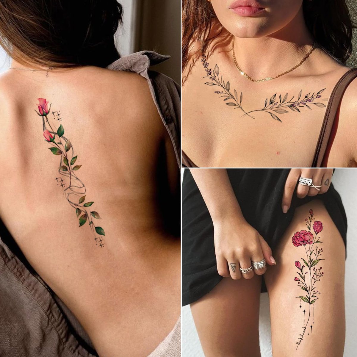 Tazimi Watercolor Temporary Tattoos for Women & Girls – 24 Sheets of Colorful Flower, Lavender, Rose, Vine, Forget-me-not, Plum Blossoms, Wildflowers – Realistic Waterproof Tattoo Stickers Body Art - görsel 13