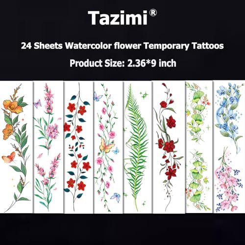 Tazimi Watercolor Temporary Tattoos for Women & Girls – 24 Sheets of Colorful Flower, Lavender, Rose, Vine, Forget-me-not, Plum Blossoms, Wildflowers – Realistic Waterproof Tattoo Stickers Body Art - görsel 10